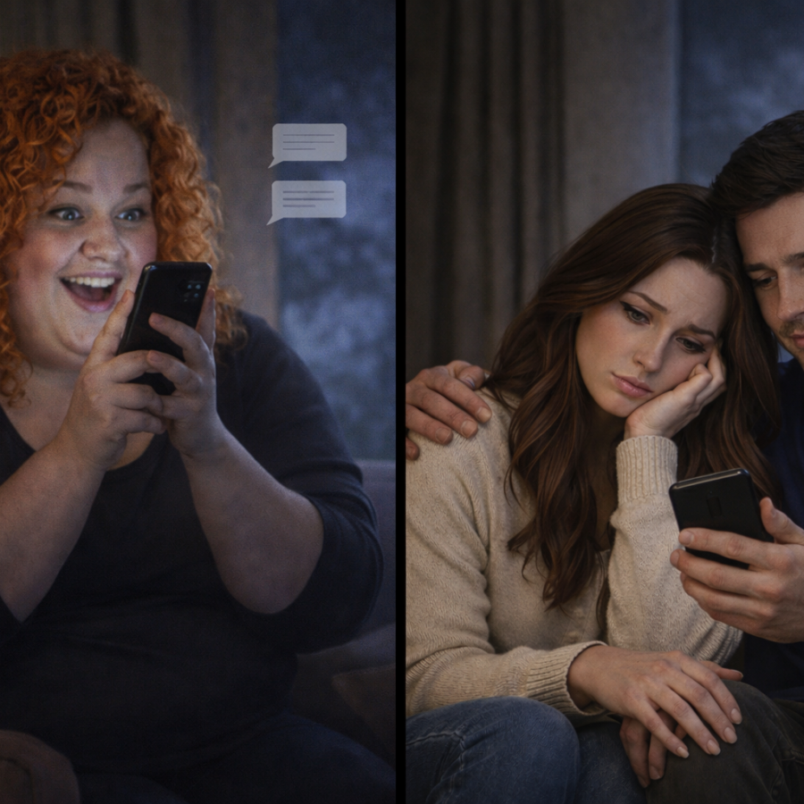Third-party interference in romantic relationships shown through a split image of an outside individual texting and a couple affected by lack of emotional boundaries and boundary leadership.